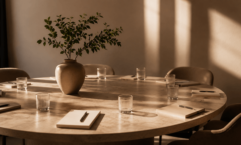 Leadership offsite in Vancouver, executive team seated around a table